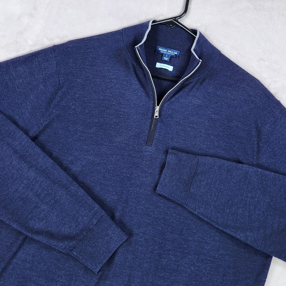 Peter Millar Mens Large Blue Excursionist Flex 1/4 Zip Merino Pullover ME0XS03